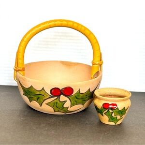 Christmas Art Pottery Bowl with Bamboo Handle Hand Painted Holly w/matching Vase